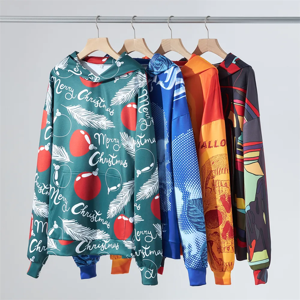 Wholesale Allover Sublimation Print Pullover OEM Christmas Halloween Unisex Sweatshirt Custom Men's Hoodies