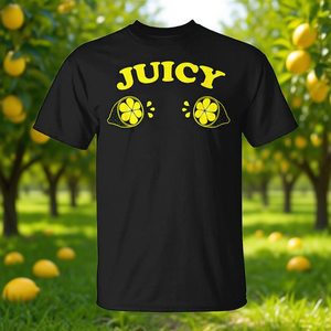 T-shirt Juicy Lemons noir et jaune avec motif citron, col rond unisexe, manches courtes, t-shirt promotionnel - Product Image 2