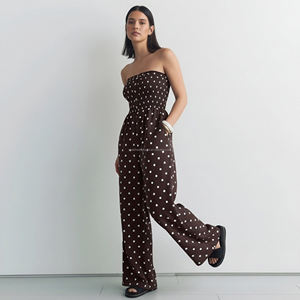 Combinaison en lin à pois personnalisée pour femmes, combinaison <span class=keywords><strong>pantalon</strong></span> à corsage plissé pour femmes - Product Image 3