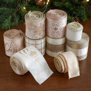 Ruban de Noël LINGKAI à motif flocon de neige et carreaux, imprimé pailleté or champagne, bordure filée, pour emballage de cadeaux et décoration de Noël - Product Image 1