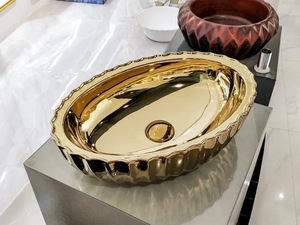 Cuvette ronde design en plaqué or Meubles d'art domestique Cuvette de comptoir <span class=keywords><strong>Lavabo</strong></span> au-dessus du comptoir <span class=keywords><strong>Lavabo</strong></span> en céramique - Product Image 2