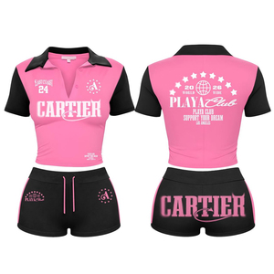 Conjunto de Top Corto Tipo Polo con Cierre Frontal y Pantalones Cortos para Mujer, Atuendo Casual de Dos Piezas, Logotipo Personalizado, Ropa de Verano, Conjunto de Top Corto con Cuello Polo para Mujer - Product Image 1