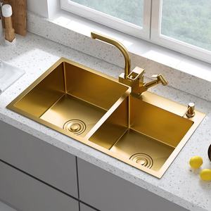 Grifo Mezclador de Cocina Moderno de Doble Toma, Dorado, de Montaje Inferior, Extraíble, con Acabado Nano de Acero Inoxidable, Forma Cuadrada, Juego de Fregadero de Dos Orificios - Product Image 3