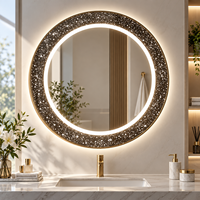 Miroir mural rond en cristal de luxe avec activation par capteur, lumière blanche unique et rétroéclairage décoratif pour les intérieurs modernes