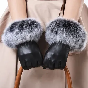 Mode extérieur thermique fourrure de lapin garniture femmes écran tactile cuero gants d'hiver en cuir de mouton