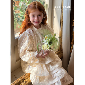 Yoehyaul 25019 2-8y dài tay trắng bé gái bên váy ren jacquard thanh lịch trẻ em váy cưới cho bé gái 7 tuổi - Product Image 4