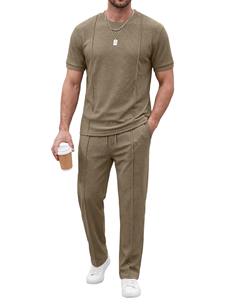 Ensemble de survêtement respirant en tricot gaufré 2 pièces pour homme avec t-shirt et short ES - Product Image 1