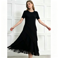 Robe longue plissée à col rond et manches courtes pour femme, taille unique, style décontracté, mode estivale, avec pompons, par un créateur