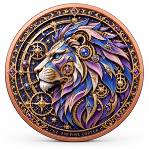 Moneta in rame puro .999 <span class=keywords><strong>da</strong></span> 1 oz, serie Animale Macchinario Leone, con rilievo 3D, colorazione UV, effetto proof, opera d'arte in metallo - Product Image 1