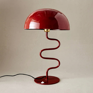 Glossy Crimson Wavy-Stem Mushroom Table Lamp Featuring an exaggerated, serpentine stem topped with a glossy dome shade - Product Image 1
