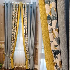 Cortinas de janela de caxemira sem costura, cortinas azuis e amarelas grossas
