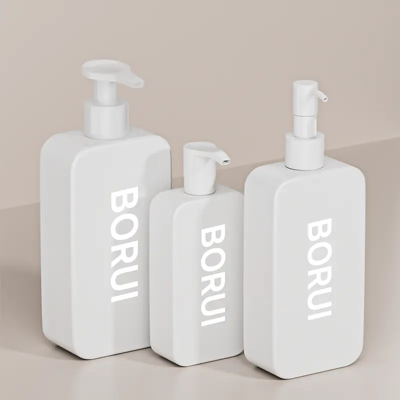 BORUI Factory HDPE Plastic Shampoo and Lotion Pump Bottles 250ml 350ml 500ml Square Skincare and Cosmetic Packaging Containers