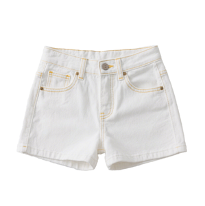 Shorts en jean ivoire vintage pour femme, taille haute, 5 poches, décontractés d'été, blancs avec surpiqûres jaunes et rivets - Product Image 1
