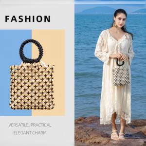 Bolso de playa de madera con cuentas, hecho a mano, tejido, para mujer, con diseño de nicho, hueco, tipo cubo, con forro y cordón ajustable - Product Image 2