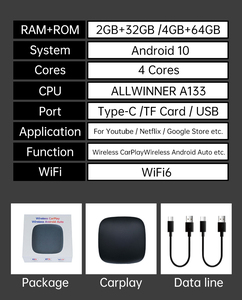 Boîte Carplay AI avec système <span class=keywords><strong>Android</strong></span> 10 2+32 Go pour Apple Carplay et <span class=keywords><strong>Android</strong></span> <span class=keywords><strong>Auto</strong></span>, prise en charge de Youtube, Netflix, Google <span class=keywords><strong>Store</strong></span> - Product Image 2