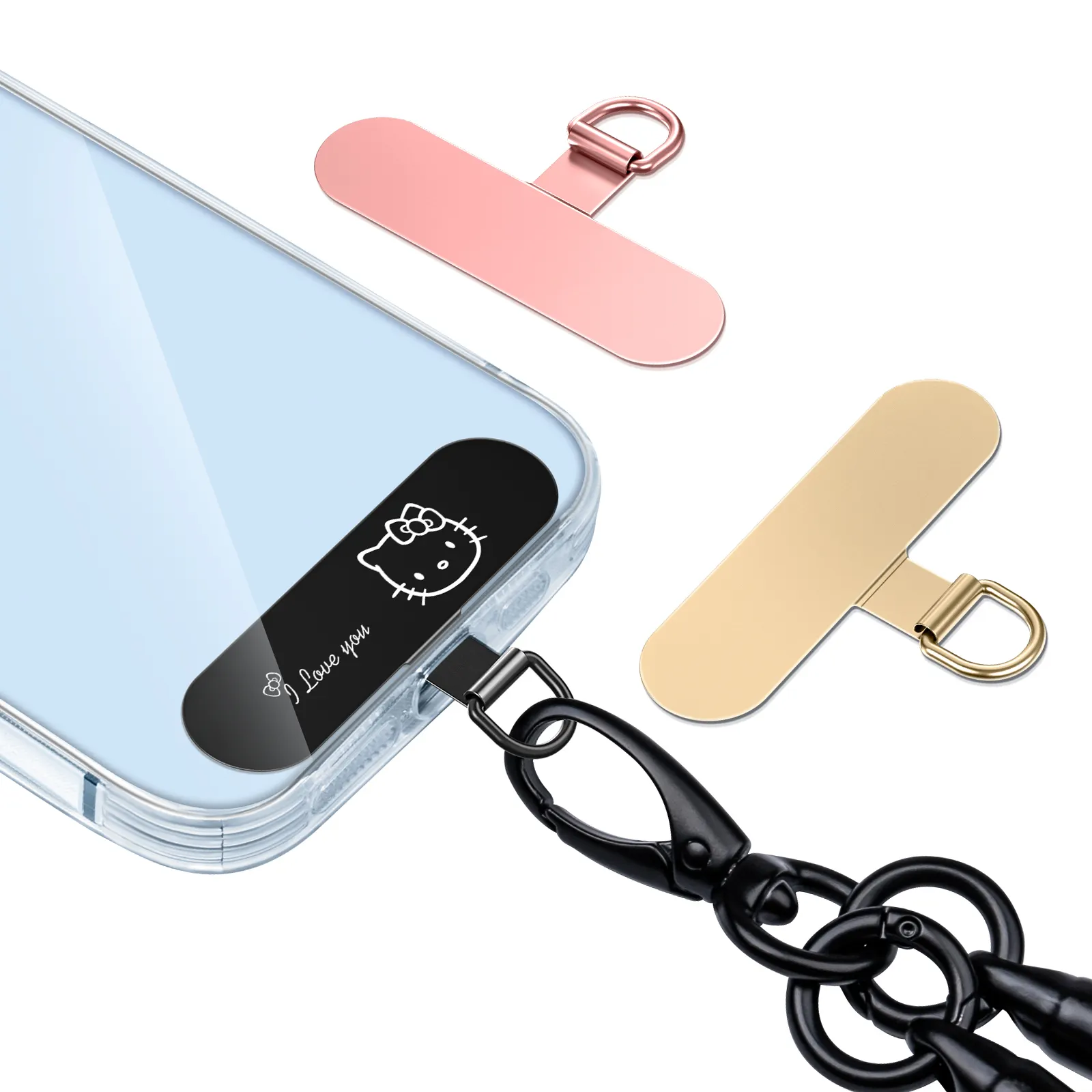 스테인리스 스틸 슬립 D-링 휴대 전화 테더 탭 로프 모양의 금속 전화 클립이있는 범용 전화 끈 패치