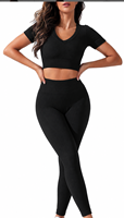 Ensemble de yoga 2 pièces pour femme, coupe ajustée, côtelé, à col en V profond sur le devant, taille haute élastique, manches courtes, extensible