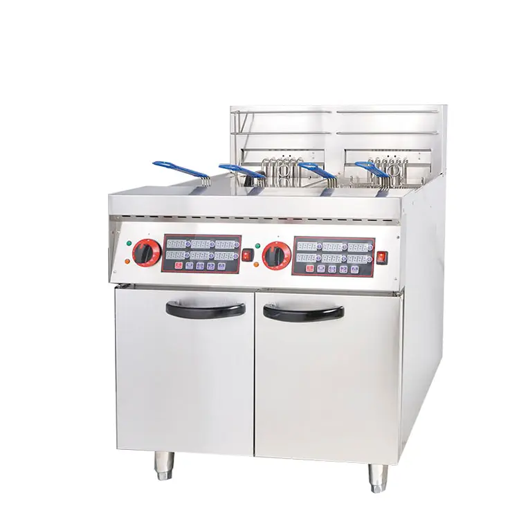 Commercial Vertical Double Cylinder 4 Basket Timer Electric Deep Fryer With Cabinet