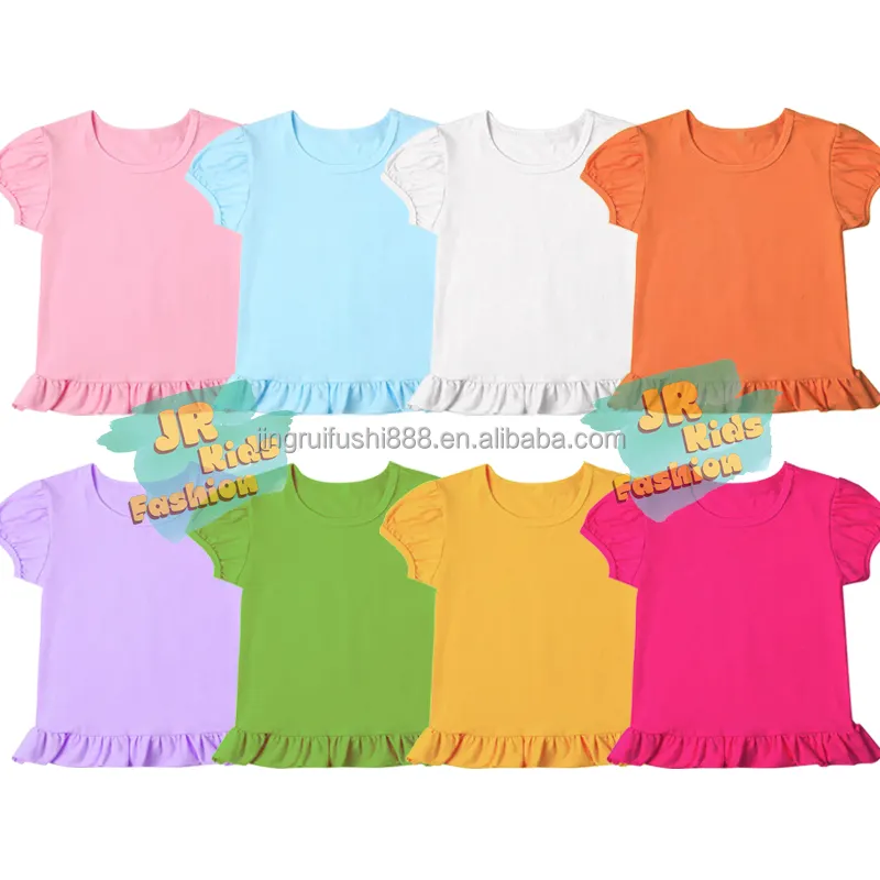 Boutique trẻ em cô gái đầy màu sắc mùa hè phồng tay áo sơ mi cotton rắn T-Shirts diềm Xếp Nếp dưới HEM trẻ mới biết đi Tops