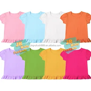 Boutique Children Girls Colorful Summer Puff Sleeve Shirts Solid Cotton T-shirts Frill Bottom Hem Toddlers Tops