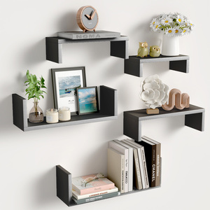 Wood Floating <b>Wall</b> <b>Shelves</b> Set Of 5 <b>Wall</b> <b>Mounted</b> Storage <b>Shelves</b> For Bathroom Bedroom Living Room Kitchen Office Home Decor - Product Image 1