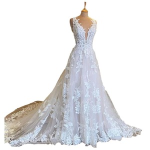 <b>White</b> A-Line Embroidered <b>Lace</b> Wedding Dress Deep V Neck Backless Long Train Bridal Gown - Product Image 5