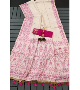 Jamdani概念的高级柔软Muga棉纱丽，对比编织边框，对比衬衫片，出口
