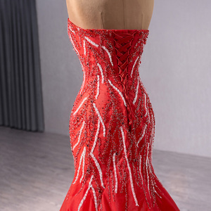 Robe de mariée sirène de luxe en dentelle perlée, rouge, pour bal de promo, avec corsage perlé en tulle, longueur ras du sol Rsm241050 - Product Image 6