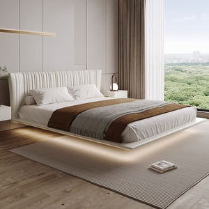 Juego de cama flotante moderno en forma de concha, cama de cuero tapizado de diseñador de estilo crema, marco de cama King de Hotel de lujo con luz - Product Image 6