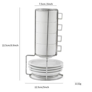 European Style Ceramic Coffee <b>Cup</b> <b>And</b> <b>Saucer</b> Set With Iron Stand 4 <b>Cups</b> 4 <b>Saucers</b> White Solid Color Afternoon <b>Tea</b> Use - Product Image 1