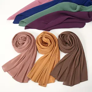 Hot Sale Pearl Chiffon Monochrome Wrinkle High Density Wrinkle Women's Scarf 3D Hijab Fold Turban Shawl