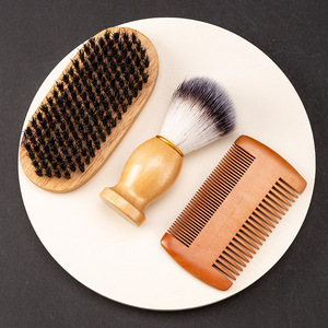 Ensemble de soin de la barbe Wanmei en 3 pièces, brosse en bois, peigne, brosse à raser pour hommes, couleur naturelle, matériau organique - Product Image 1