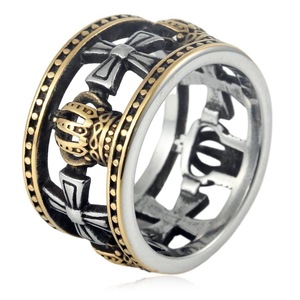yunnique Wide Crown <b>Ring</b> Cross Design <b>Titanium</b> Steel Unisex Fashion Jewelry Gift <b>Ring</b> Gold And Steel Color - Product Image 1