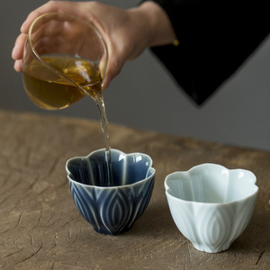 Ceramic <b>Teacup</b> Magnolia Pattern Embossed Tasting Cup Kung Fu Tea Set Single Pu'er Tea Bowl Hand Made Superior Quality - Product Image 4