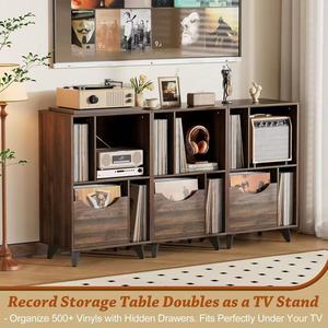 Wooden storage rack, <b>record</b> player <b>stand</b> with storage drawers, side table, home use for storing vinyl <b>records</b> and books. - Product Image 2