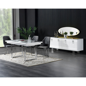 Juego de Mesa de Comedor Moderno Elps en Madera Blanca y Gris de 160cm y 180cm, Portátil para Uso en el Hogar y Hoteles, para 8 Personas - Product Image 1