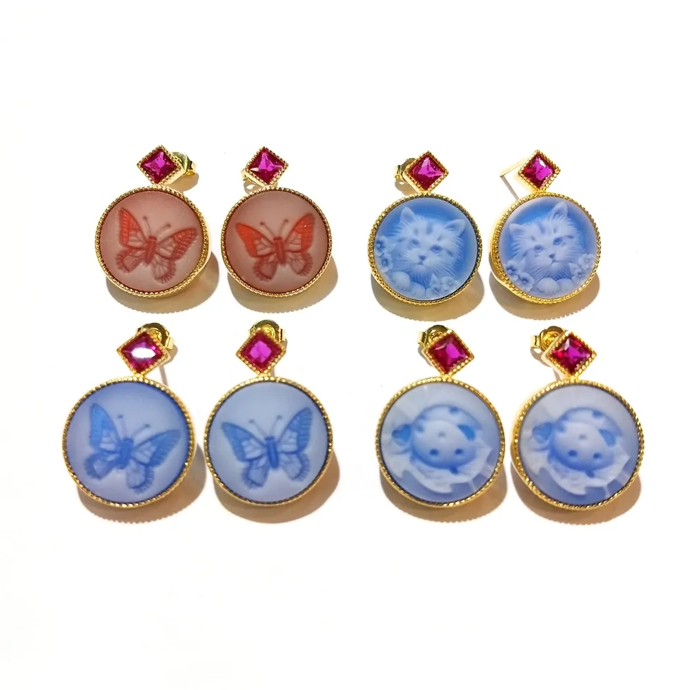 Wholesale Carved Blue Round Coin Agate Cameo Stone 18K Gold Plated Natural Stone Vintage Drop Style Designer Earrings for Girls