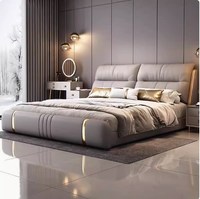 Lit King Size de style italien de luxe, design traditionnel, revêtement en cuir souple, cadre en bois, dossier, ensemble de chambre à coucher