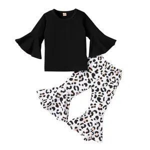 Neue Promotion Hot Style Schwarze Hose mit ausgestelltem Ärmel und Leoparden muster für kleine und mittelgroße Baby kleidung setzt zwei Stk