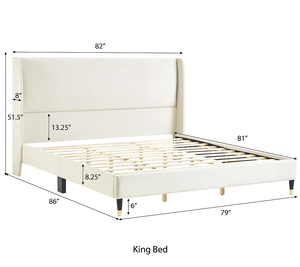Beige Velvet Modern Adjustable <b>Convertible</b> Wingback Platform Soft <b>Bed</b> King - Product Image 6
