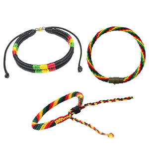 Pulsera Trenzada Rasta <span class=keywords><strong>Reggae</strong></span> Jamaica Roja, Amarilla, Verde y Negra, Cordón Encerado, Cierre de Pulsera, Hecha a Mano - Product Image 1