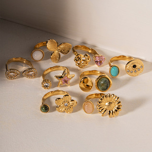 RS1067 haute qualité étanche 18k plaqué or acier inoxydable Solitaire Turquoise pierre fleur ouvert manchette anneaux pour femmes <span class=keywords><strong>2022</strong></span> - Product Image 3