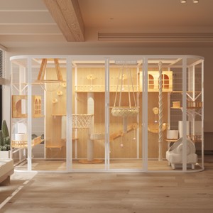 Casa de Lujo para Gatos Grandes con Ruedas Extraíbles, Estantes de Madera de Caucho y Vidrio Irrompible, Mansión para Mascotas - Product Image 6