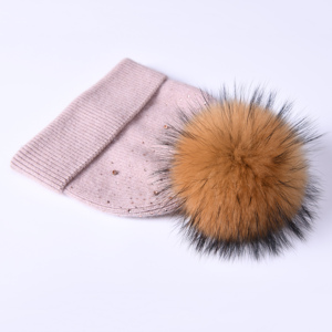 Bonnets d'hiver pour femme en laine véritable raton laveur, couvre-chef avec <span class=keywords><strong>pompon</strong></span> en boule, chapeau tricoté avec strass en cachemire, haute qualité, nouveauté 2019 - Product Image 4