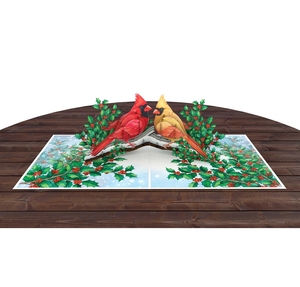 Tarjeta de felicitación 3D emergente con pájaros cardenales rojos de invierno en una rama de acebo, tarjetas navideñas Kirigami al por mayor - Product Image 1