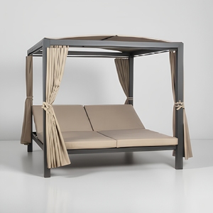 Chaise longue d'extérieur avec auvent et rideaux, <span class=keywords><strong>en</strong></span> aluminium, double, résistante aux intempéries, pour <span class=keywords><strong>jardin</strong></span>, piscine, pelouse - Product Image 1