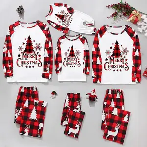 Wholesale Christmas family pajamas long sleeve square grid printing splicing homewear custom LOGO and styles