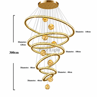 Lustre en cristal spirale multi-anneaux doré de luxe pour hall d'hôtel, design personnalisé avec cadre métallique rond, lampe suspendue pour villa