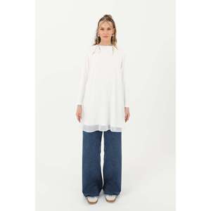 Puane Women's Elegant Turtleneck Blouse with <b>Sheer</b> Mesh Detail - Comfortable <b>Long</b> <b>Sleeve</b> <b>Top</b> for Special Occasions, Ecru - Product Image 1