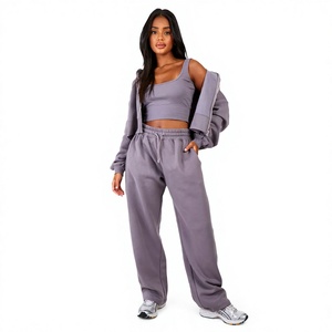 OEM Custom Women Three Piece Set Zip Hoodie Crop Top and Wide Leg <b>Pants</b> Heavy Fleece <b>Lounge</b> Wear Wholesale - Product Image 1